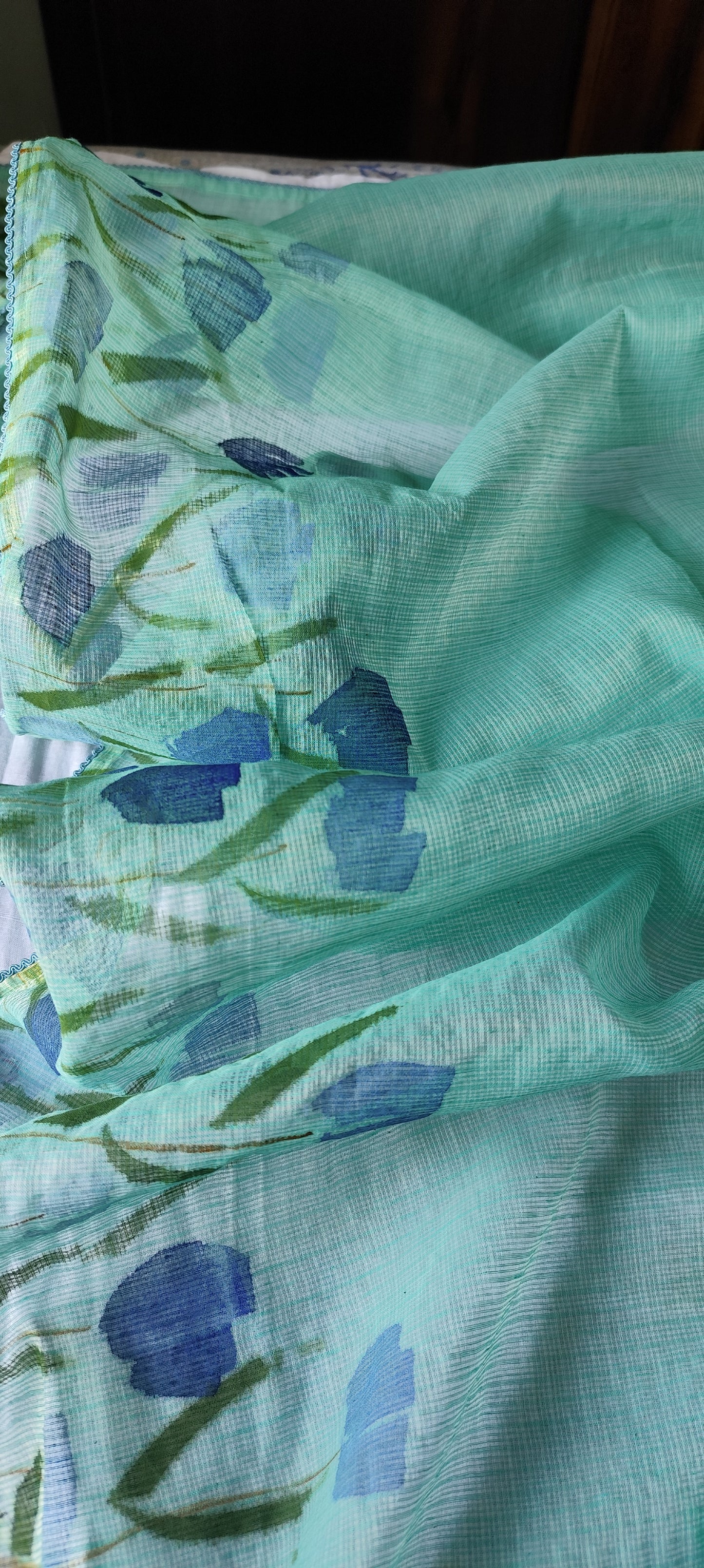 Turquoise blue hand painted blossoms on kota doria