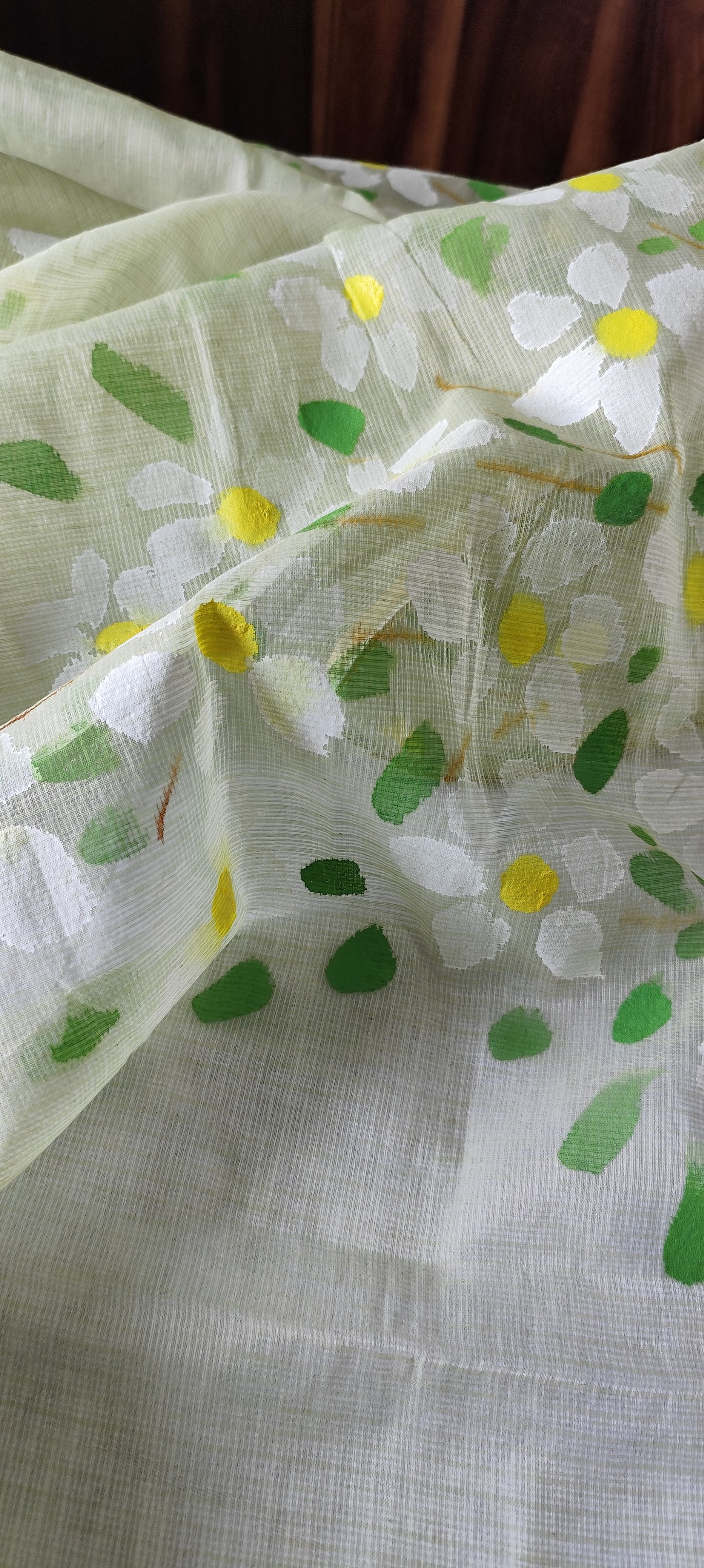 Pista green handpainted kota doria suit with white motifs