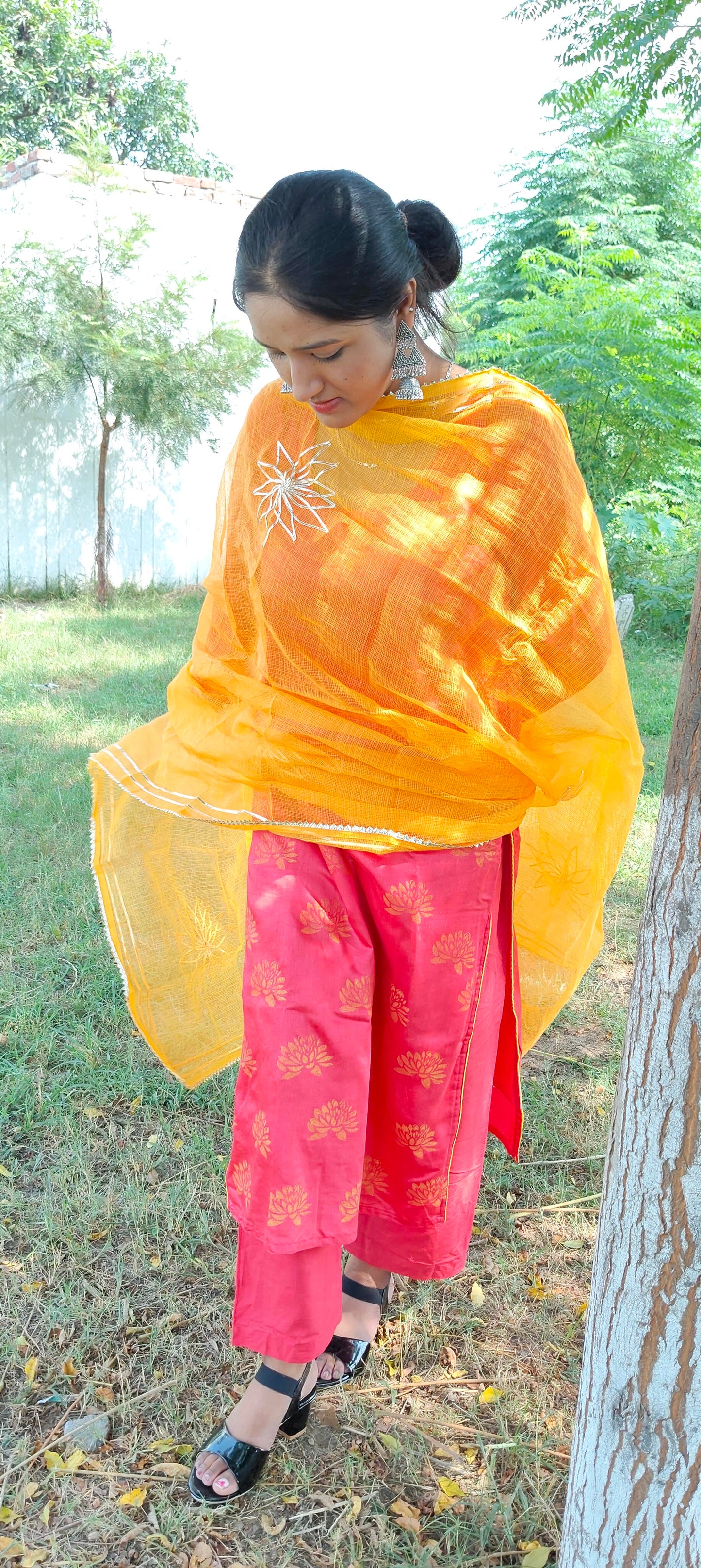 Handblock  pink chanderi silk suit