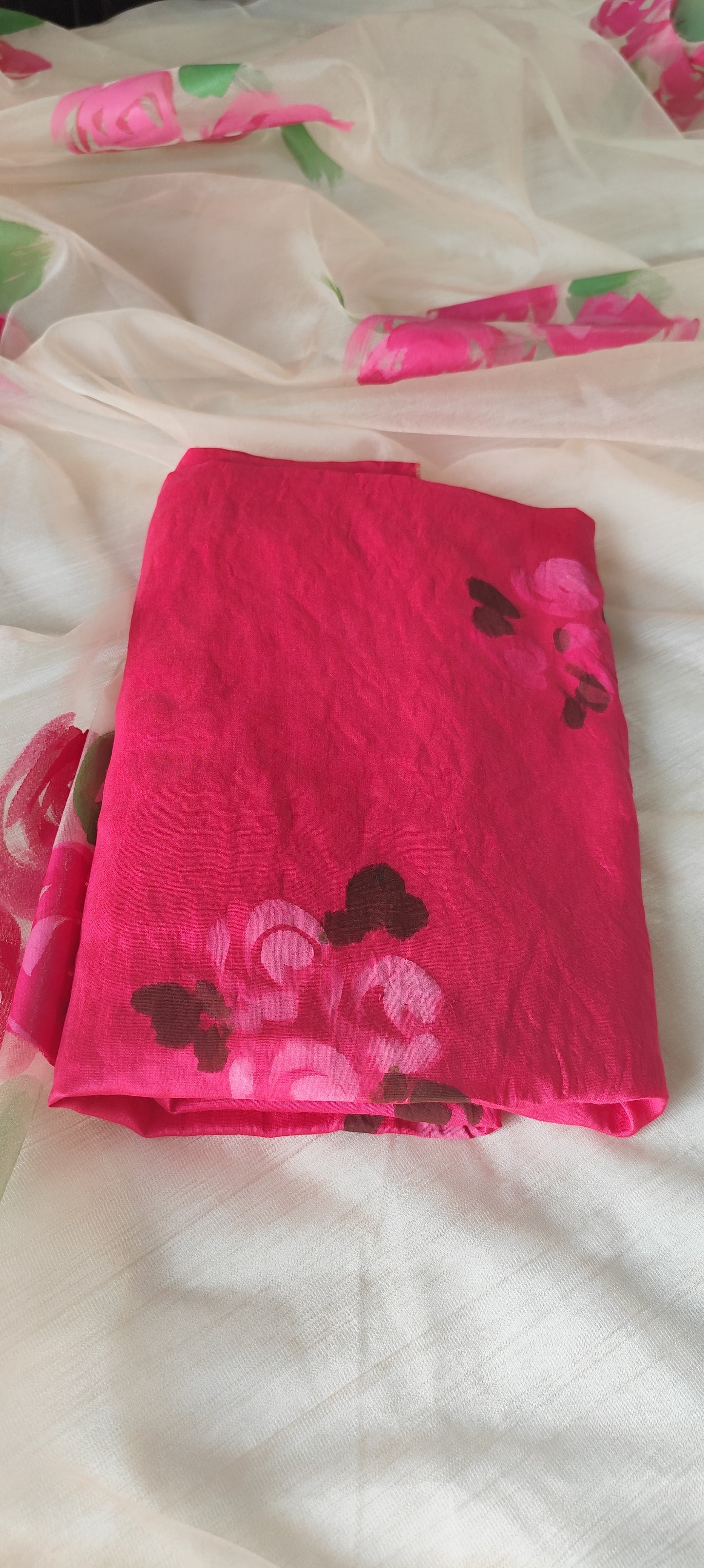 Handpainted pink roses on chanderi suit and organza dupatta