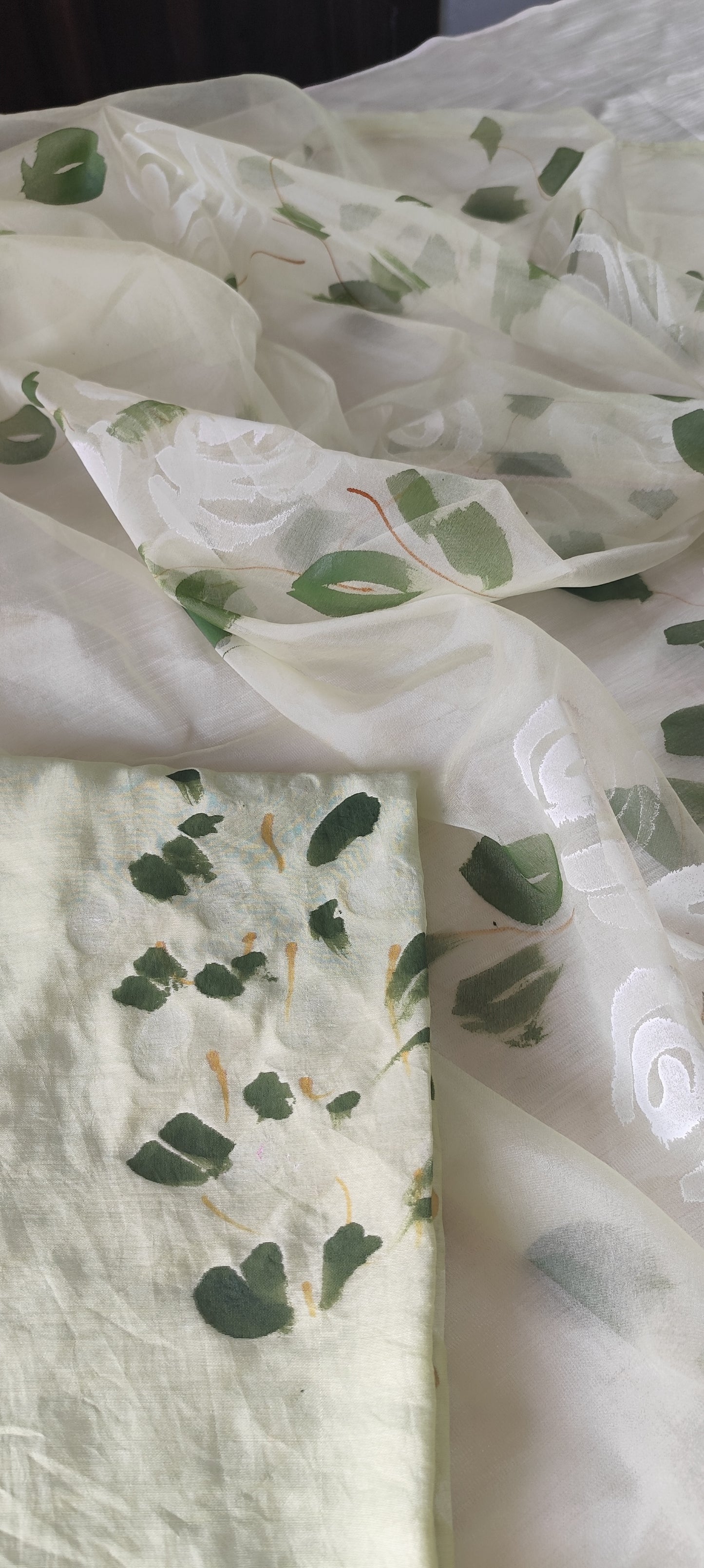 Hand painted roses on Pista green chanderi suit with organza dupatta