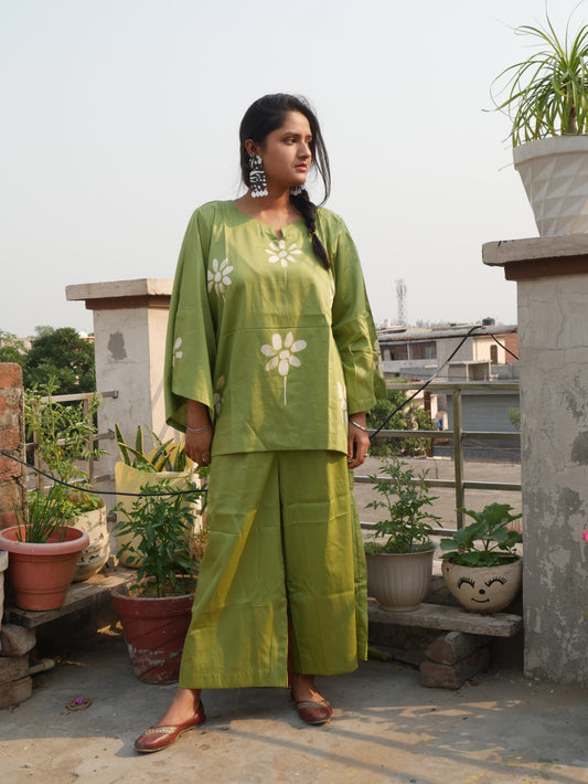 Green cotton shibori handblock coord set