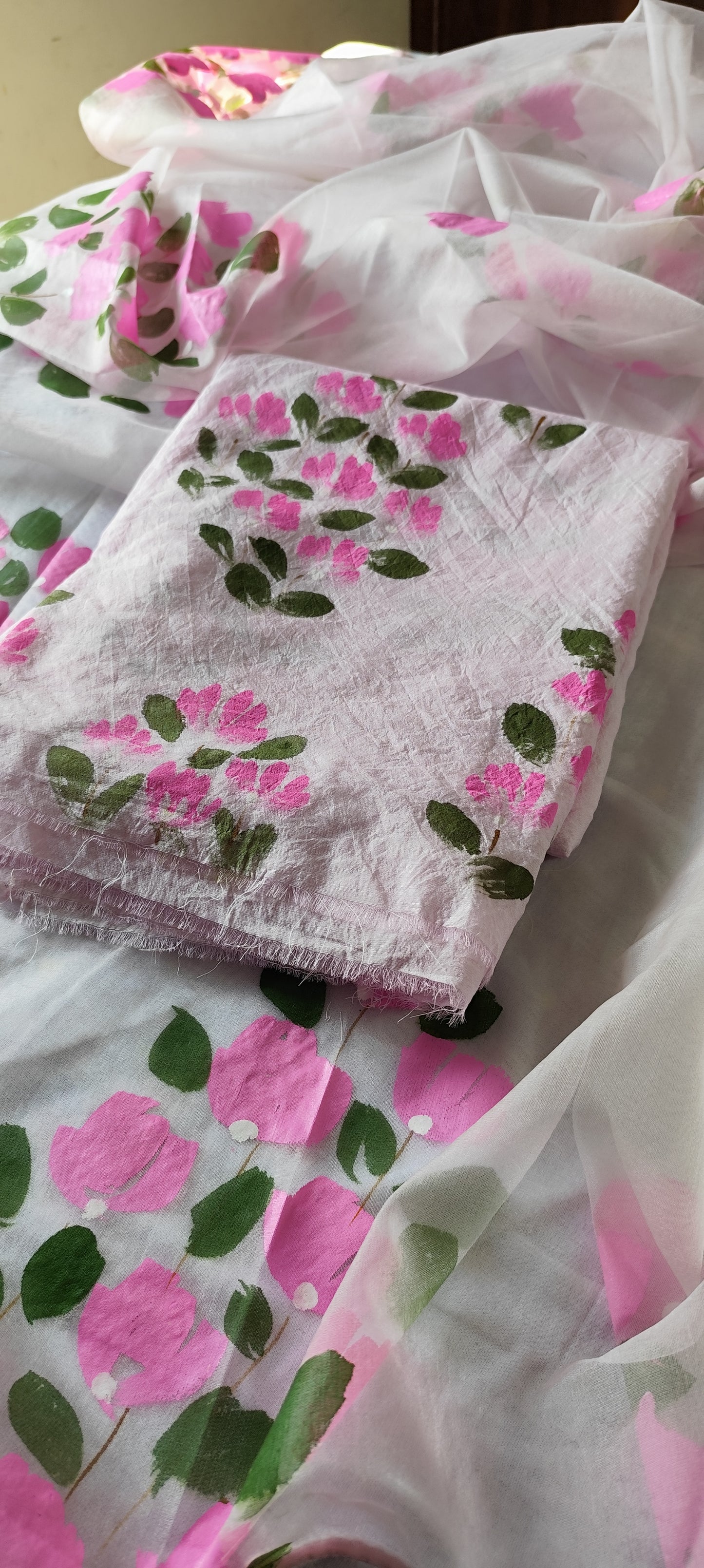 Hand painted bougainvillea on chanderi and organza dupatta