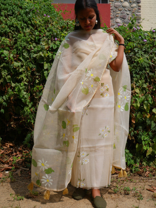 Handpainted motifs on beige kota doria suit