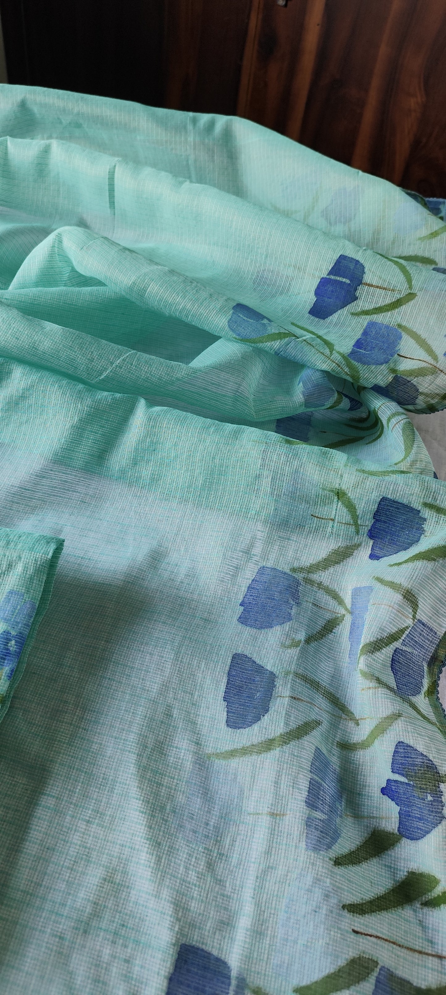 Turquoise blue hand painted blossoms on kota doria