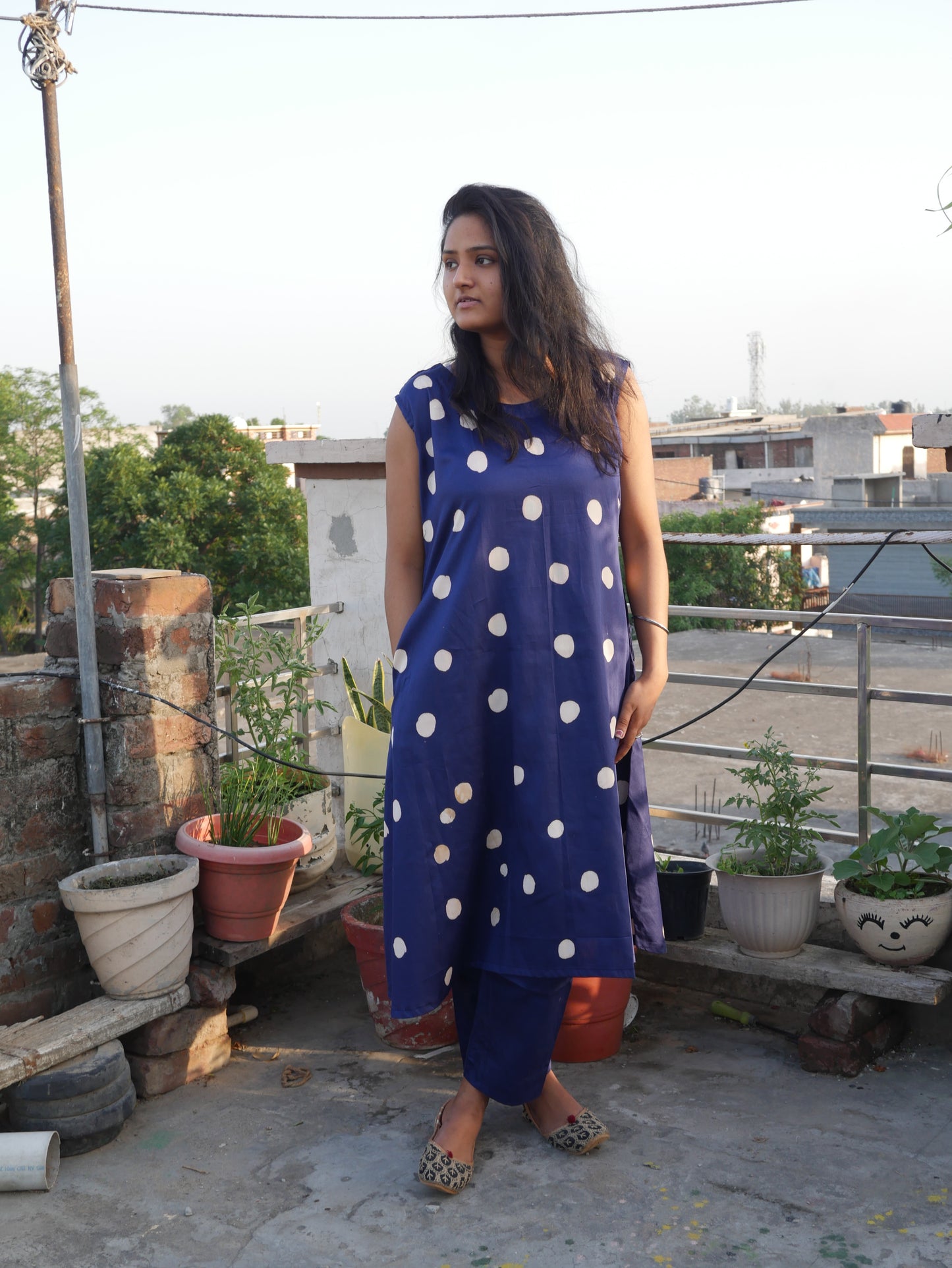 Royal Blue polka dot A line handblock cotton kurti