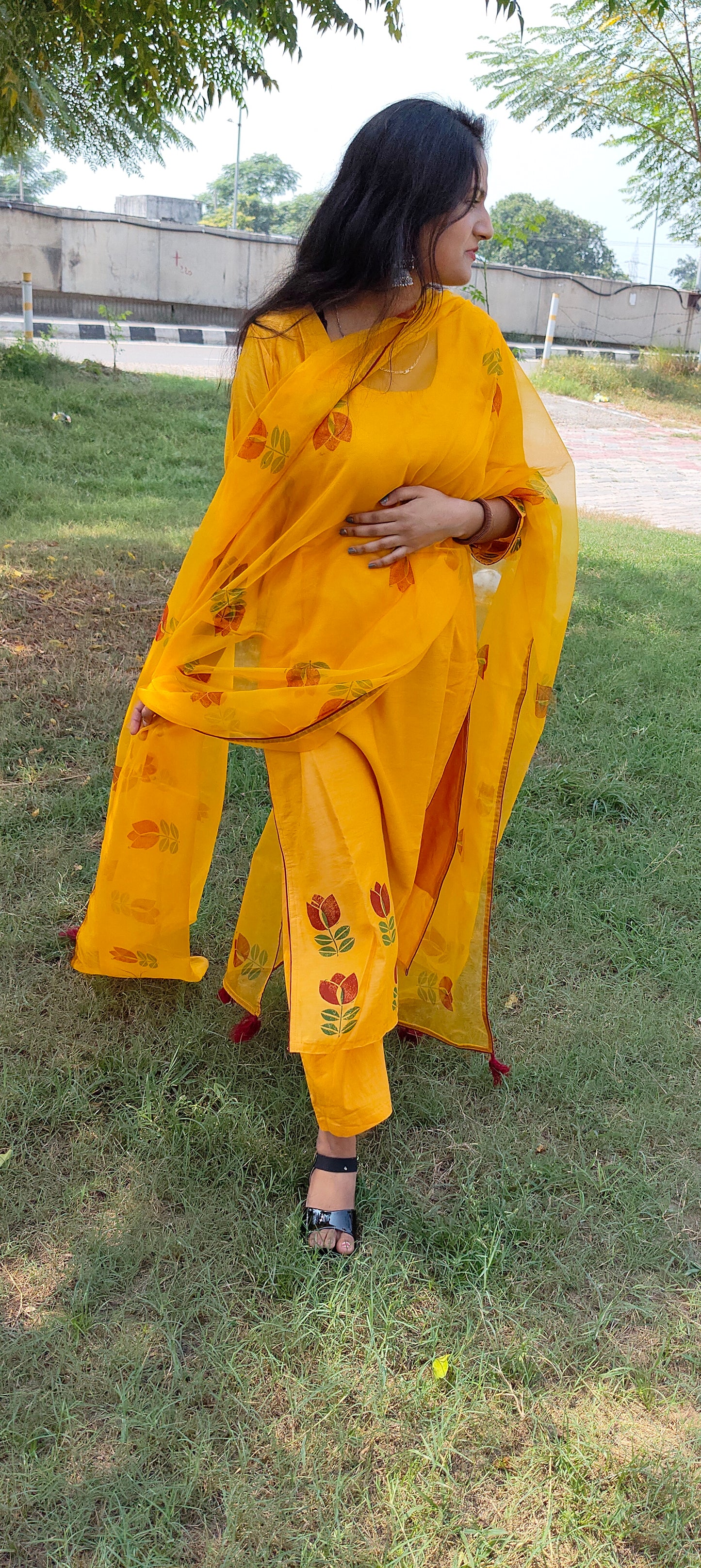 Hand block yellow chanderi suit