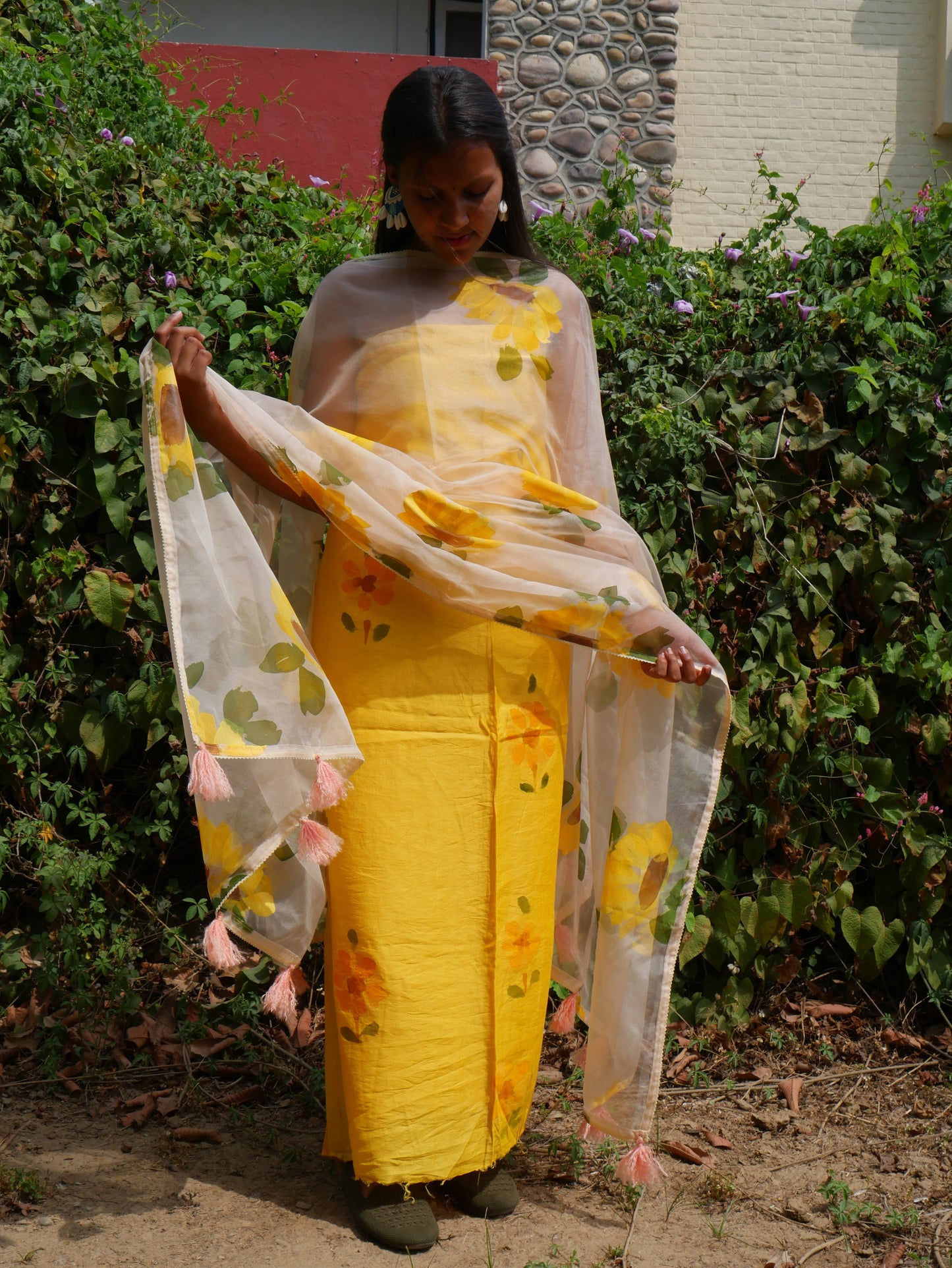 Handpainted sunflower on yellow chanderi suit and organza dupatta