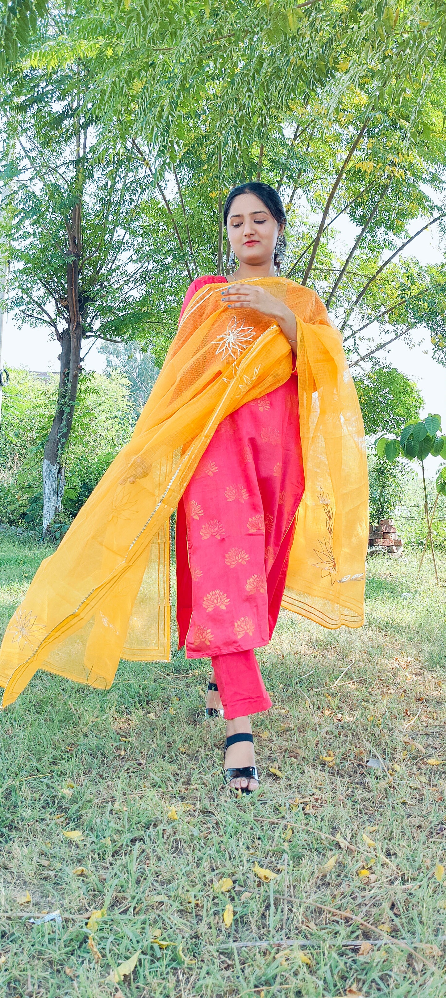 Handblock  pink chanderi silk suit