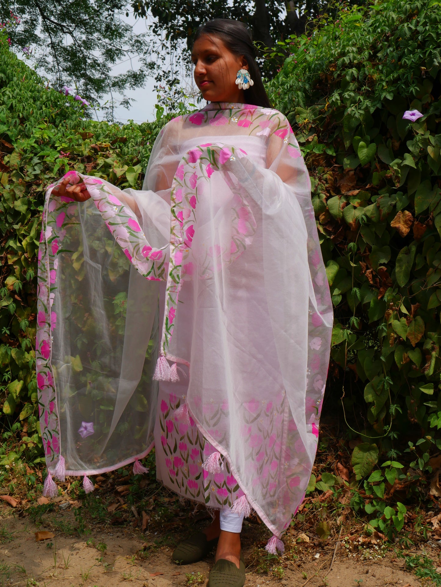 Hand painted pink blossoms on chanderi suit with organza dupatta