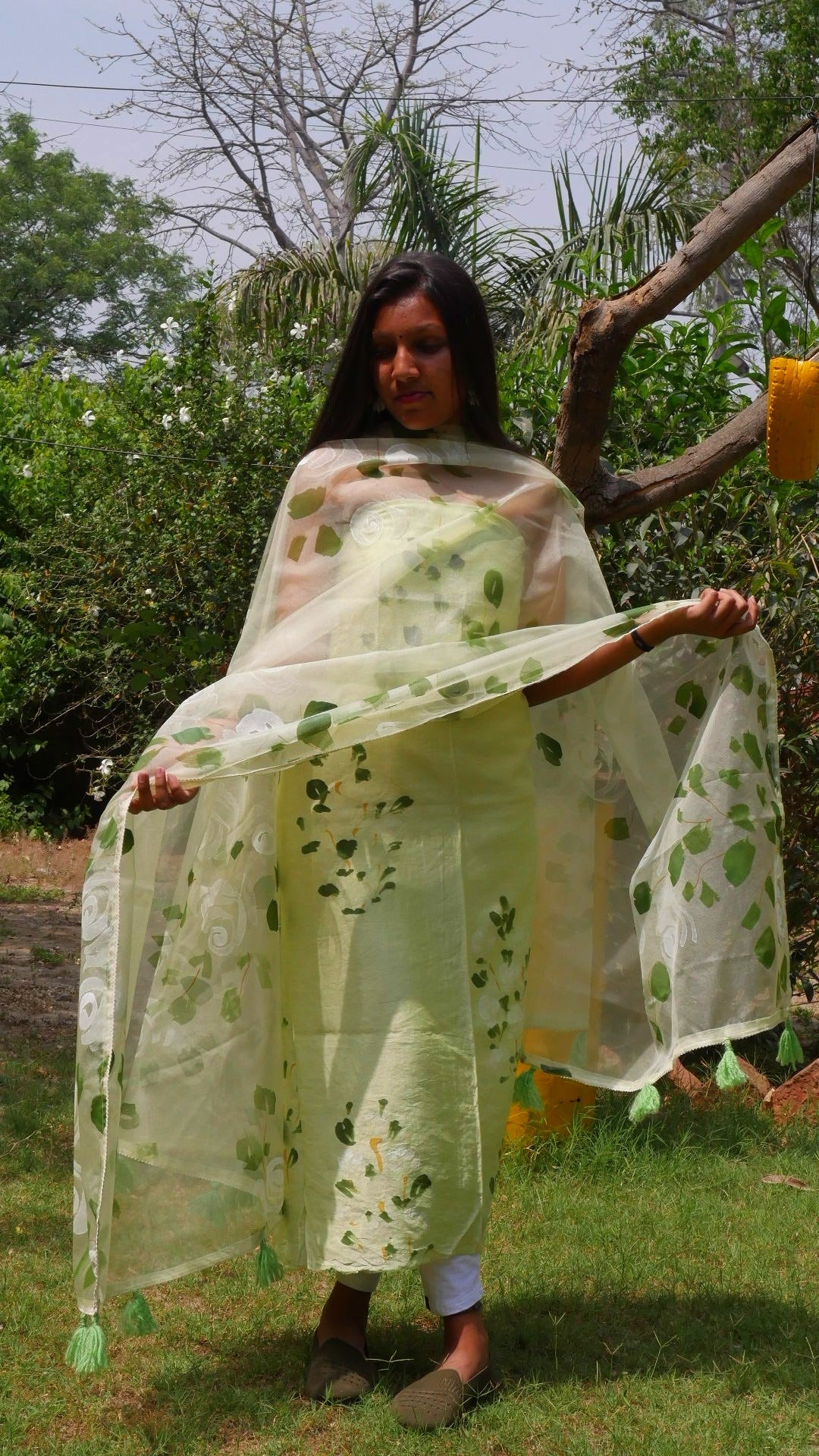 Hand painted roses on Pista green chanderi suit with organza dupatta
