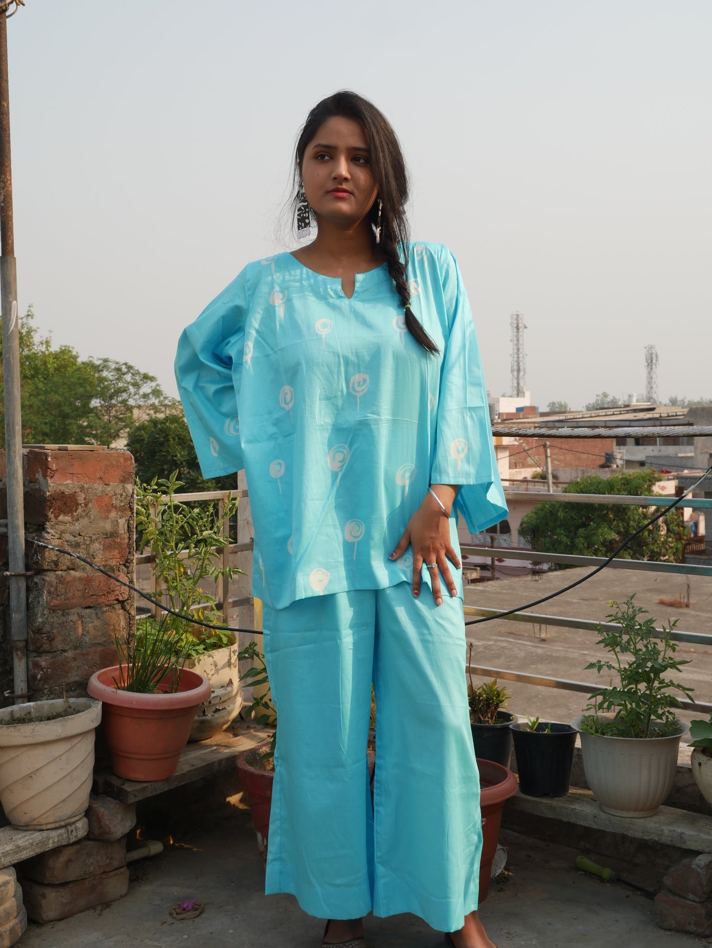 Sky blue pure cotton shibori handblock coord set