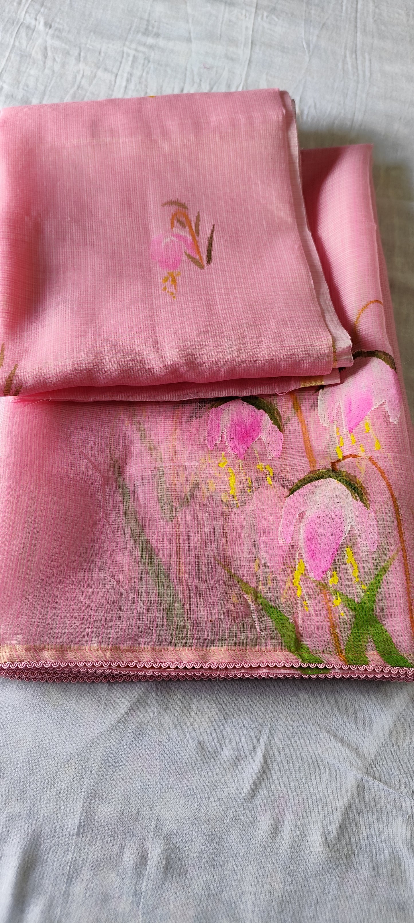 Hand painted  pink blossoms flower on kota doria.