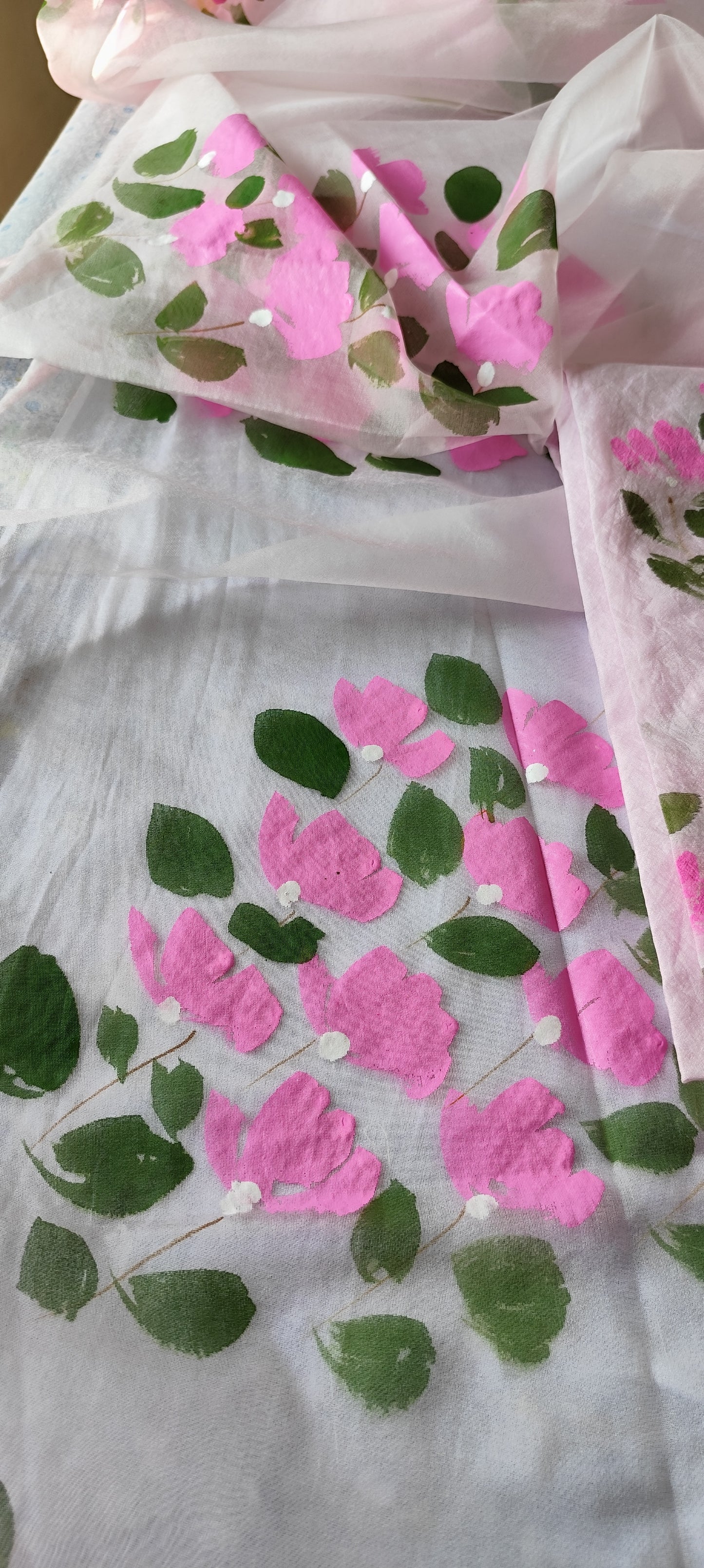 Hand painted bougainvillea on chanderi and organza dupatta