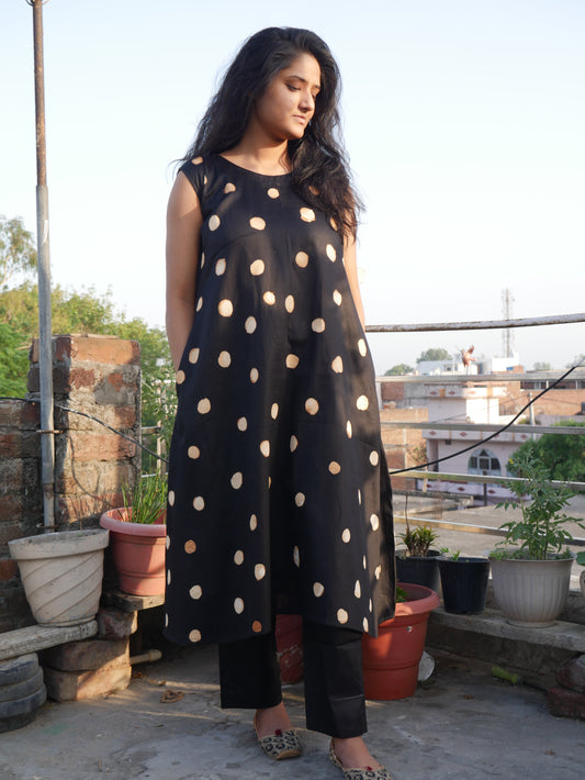 Black polka dot cotton A line kurti