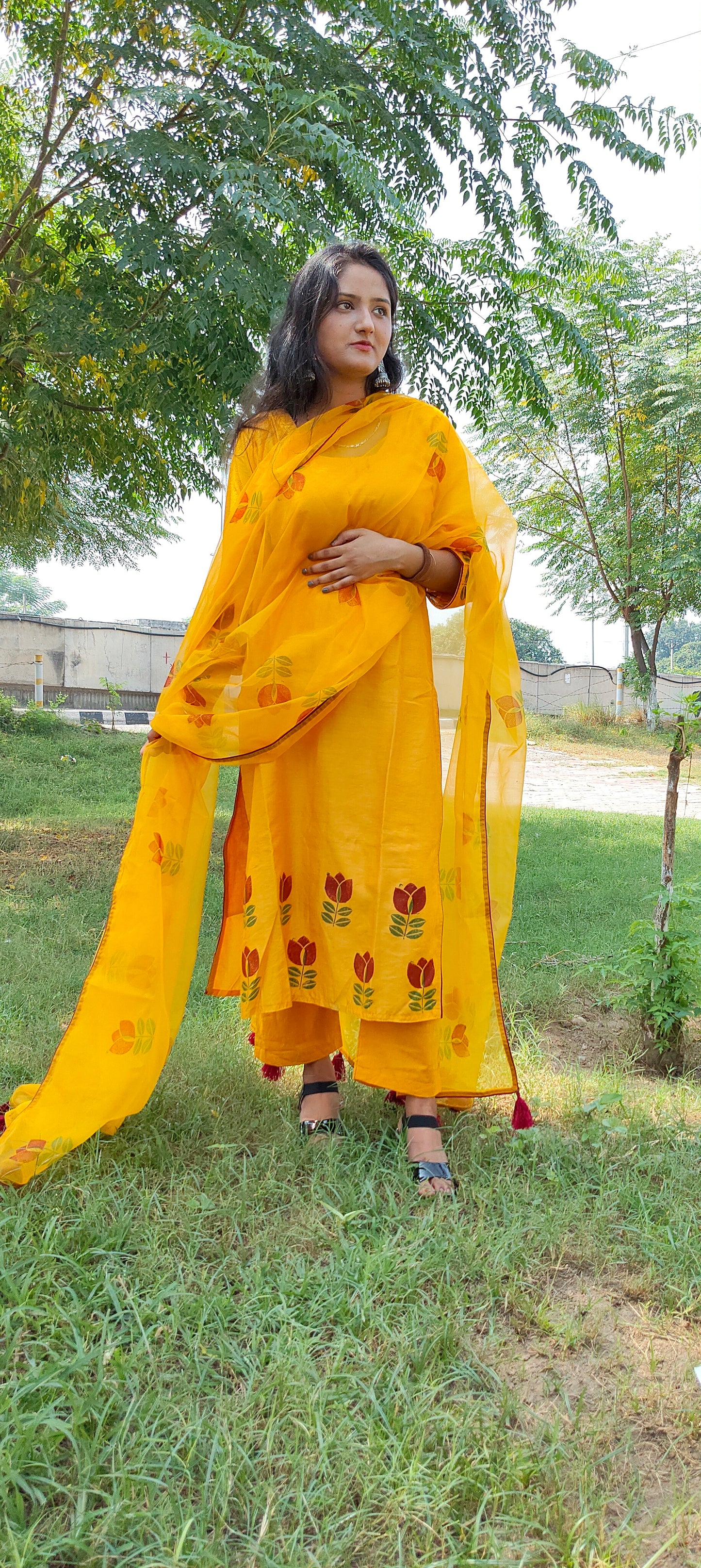 Hand block yellow chanderi suit