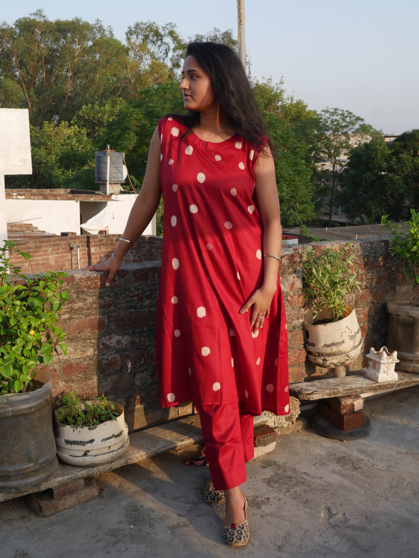 Red polka dot handblock kurti