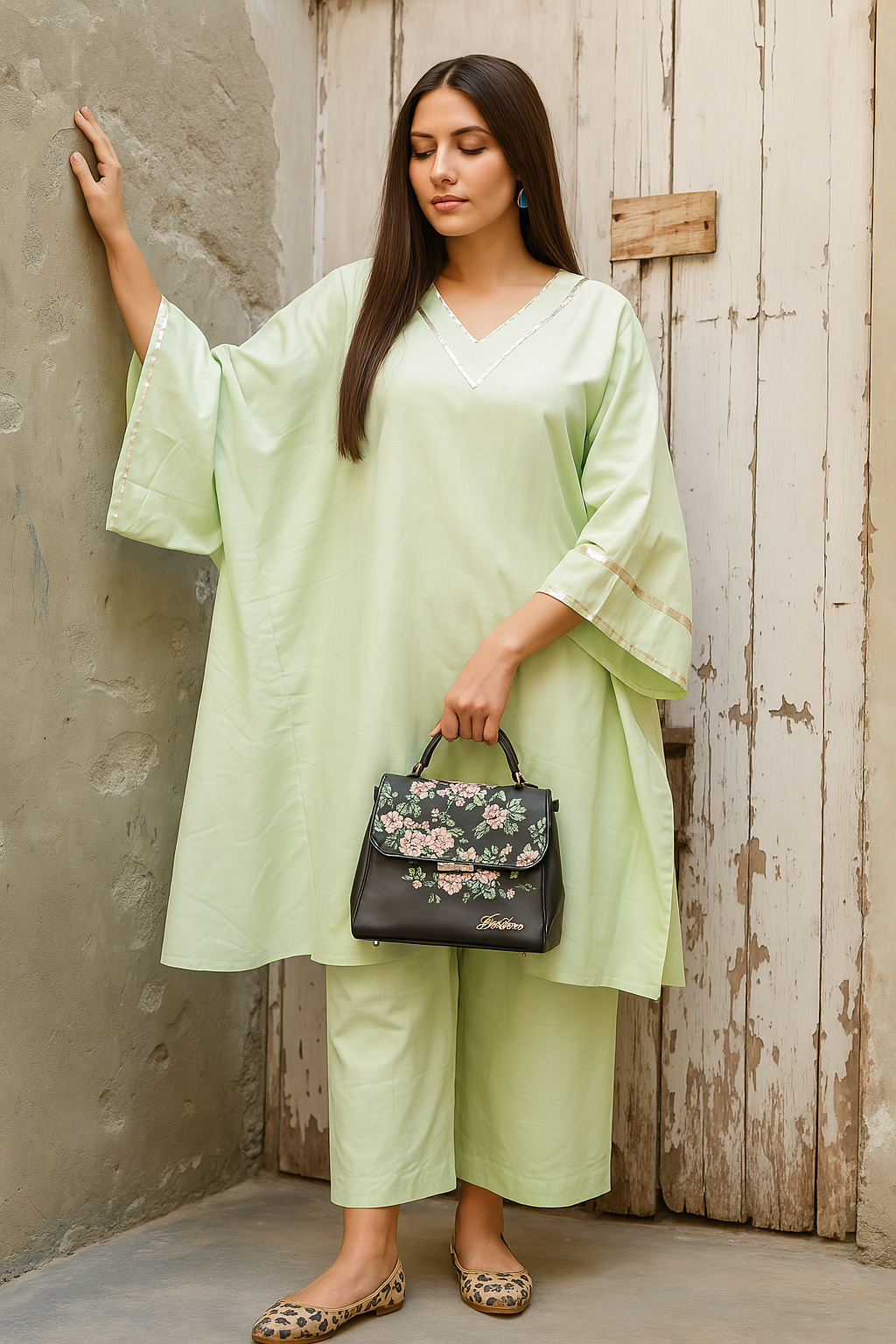 Pista green  cotton oversized coordset for summers