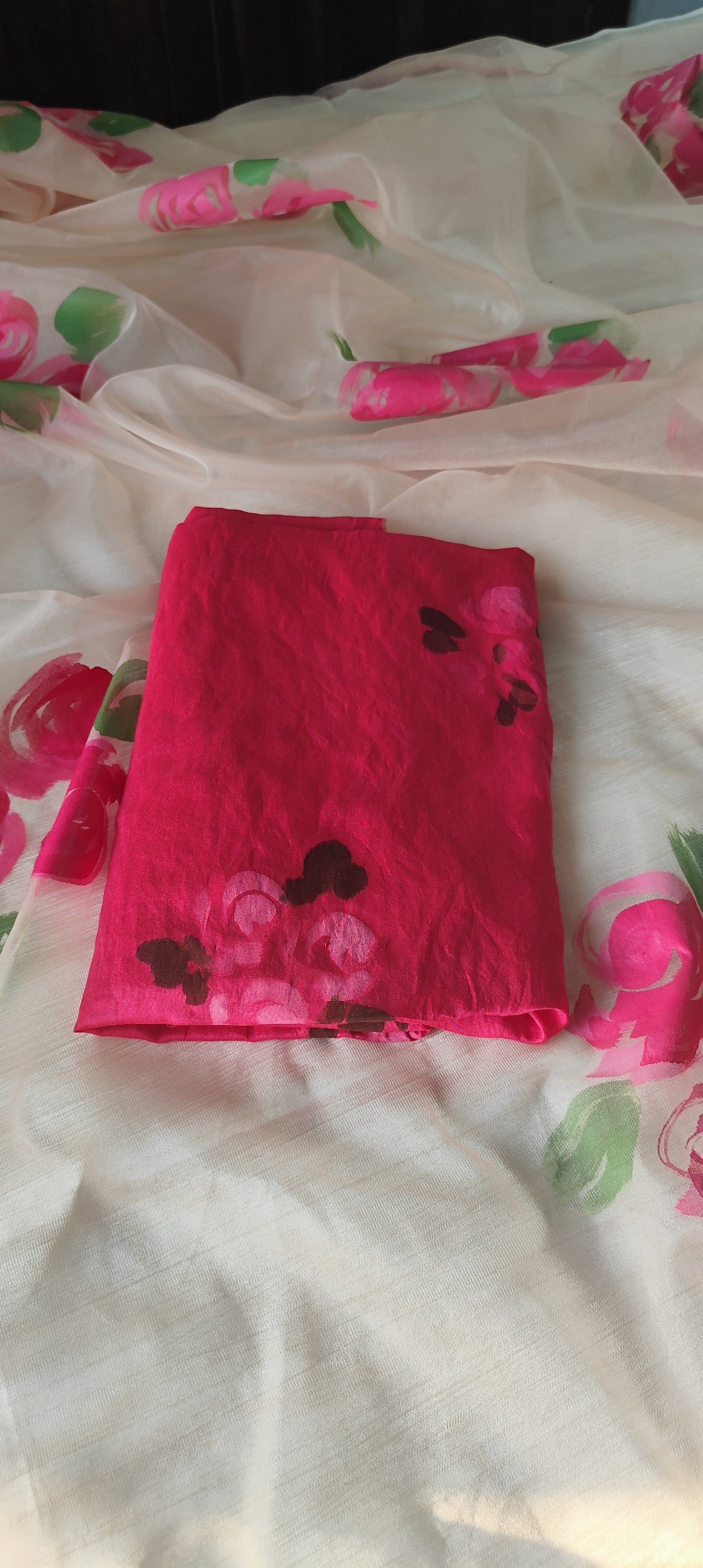 Handpainted pink roses on chanderi suit and organza dupatta
