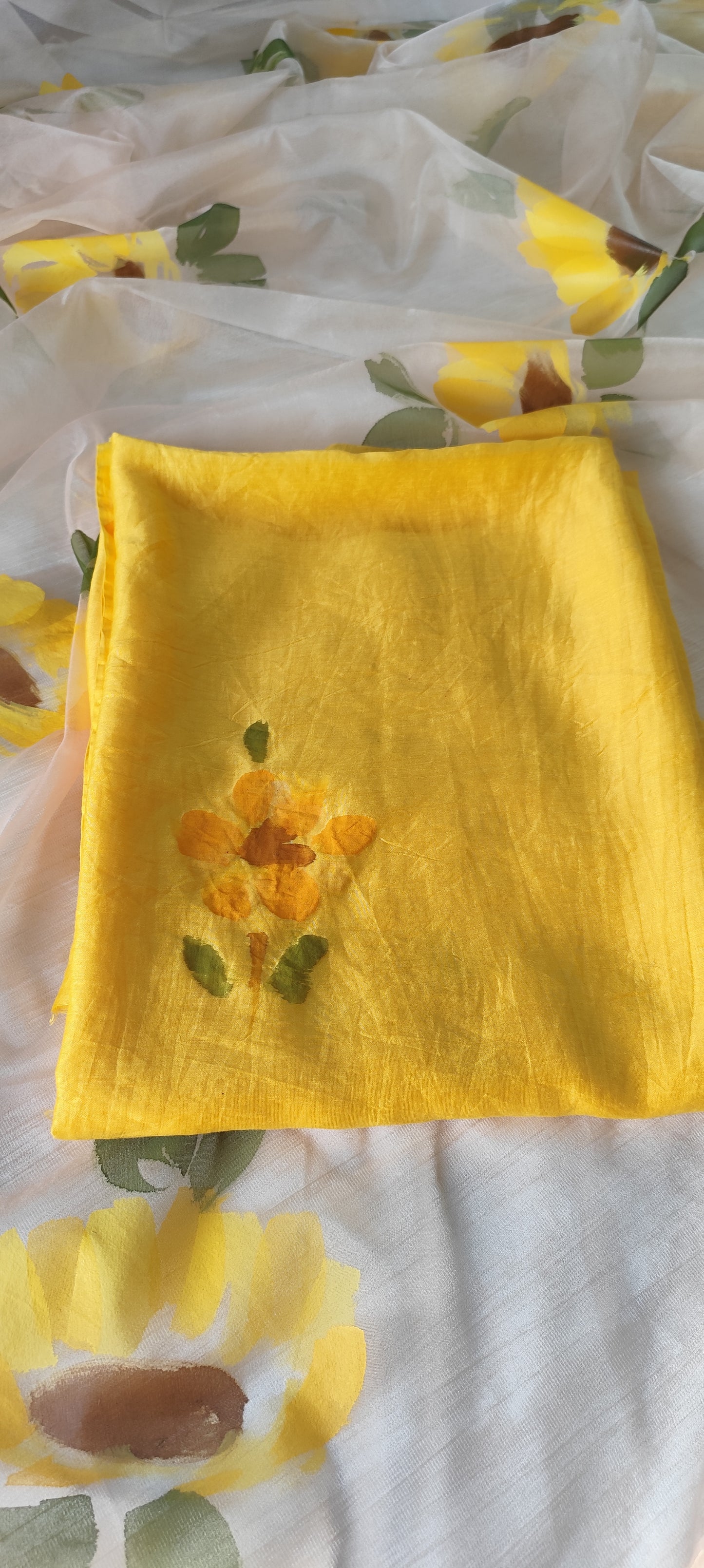 Handpainted sunflower on yellow chanderi suit and organza dupatta