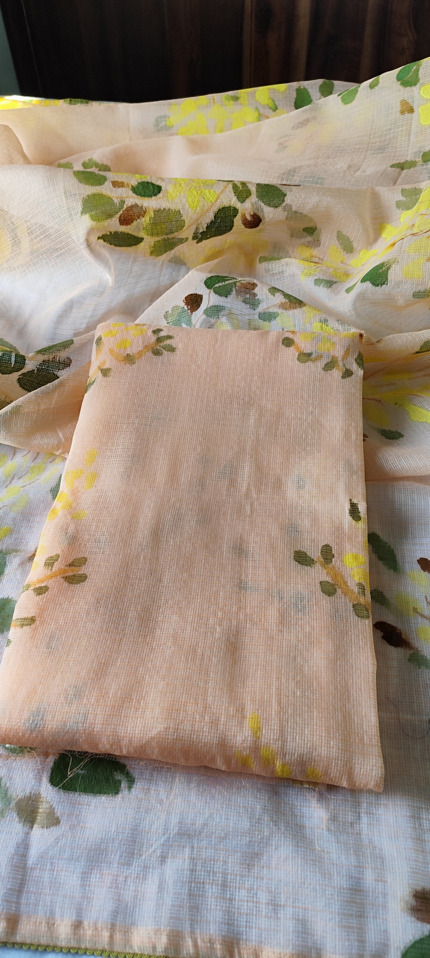 Handpainted amaltas on peach kota doria suit