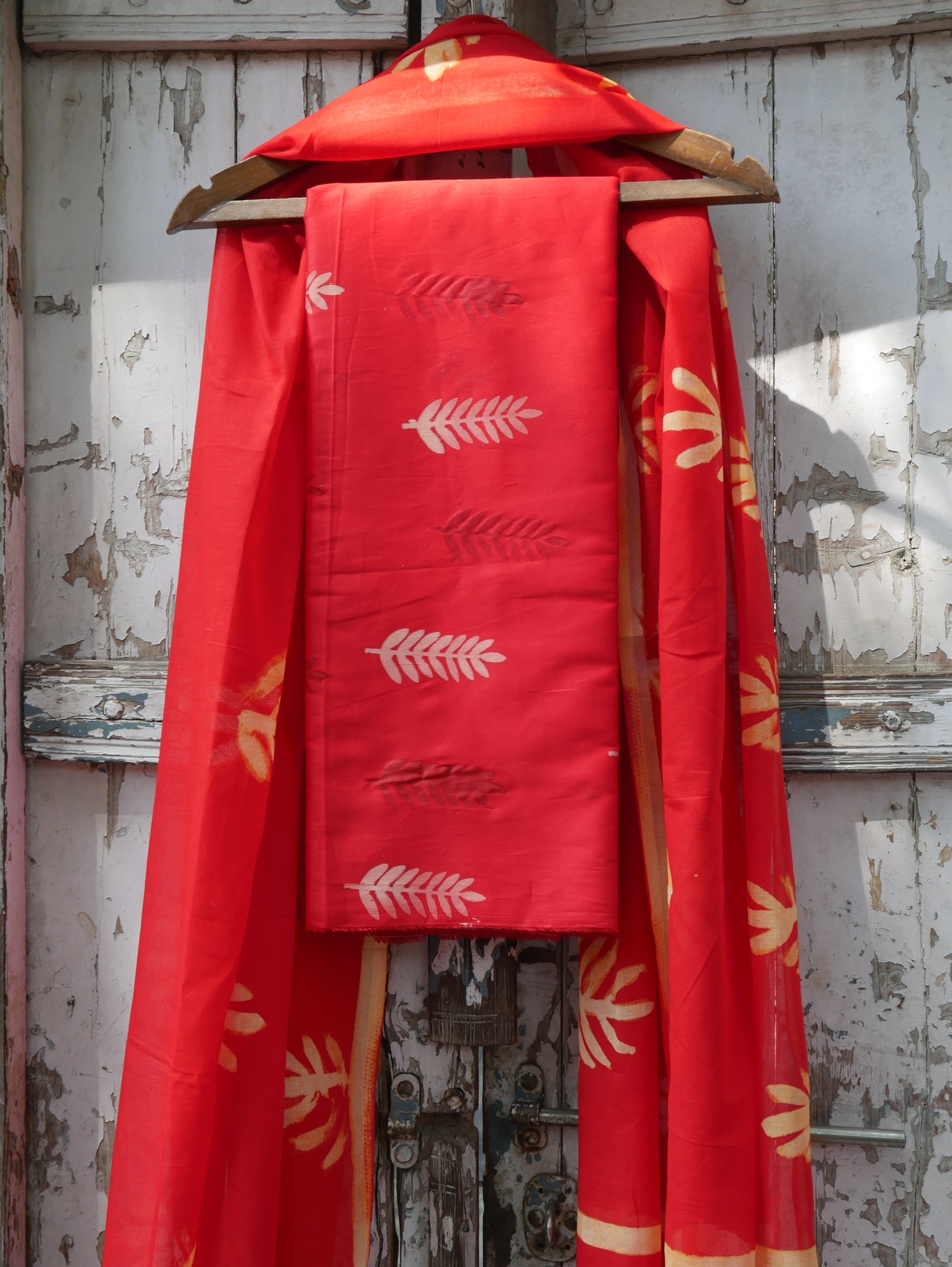 Red pure cotton handblock shibori suit
