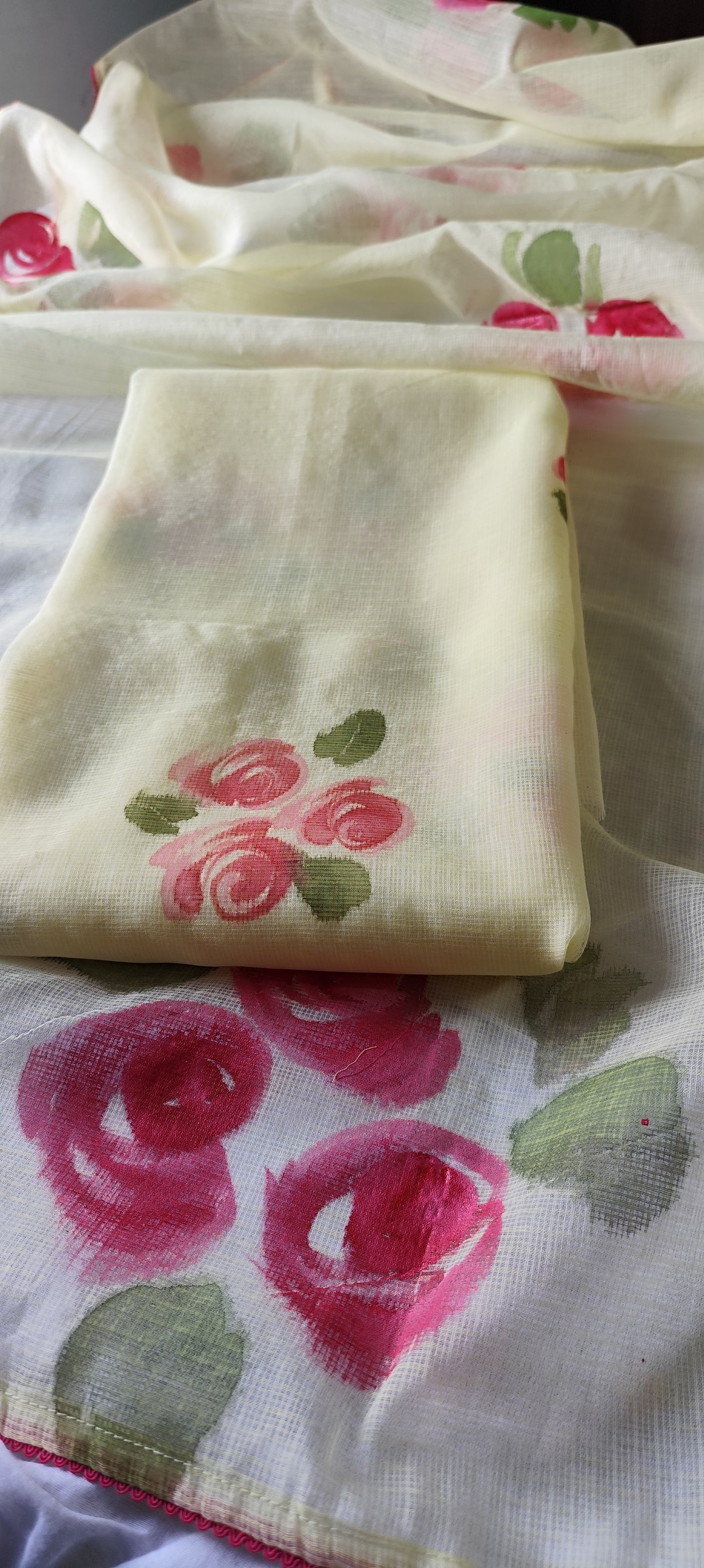 Lemon Handpainted roses on kota doria suit