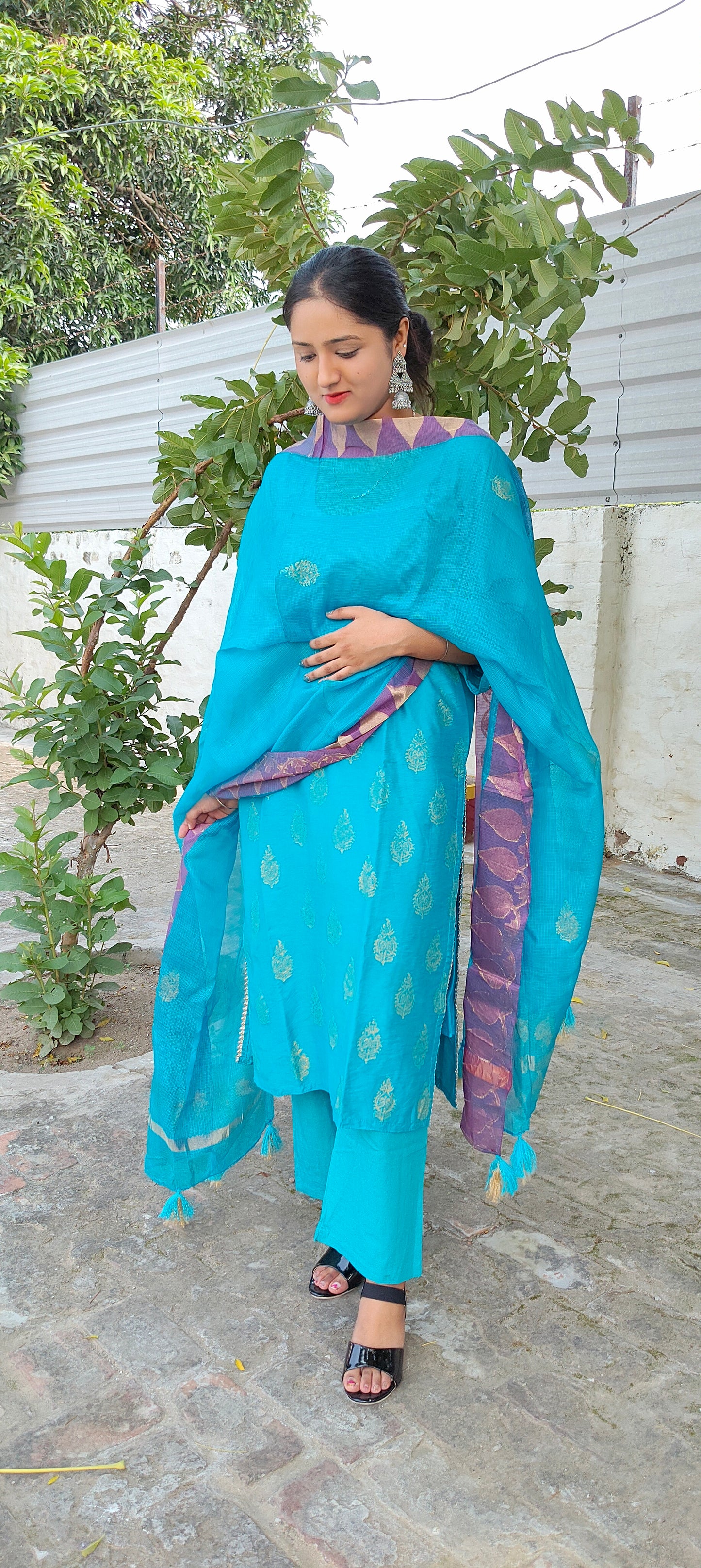 Handblock blue chanderi silk suit