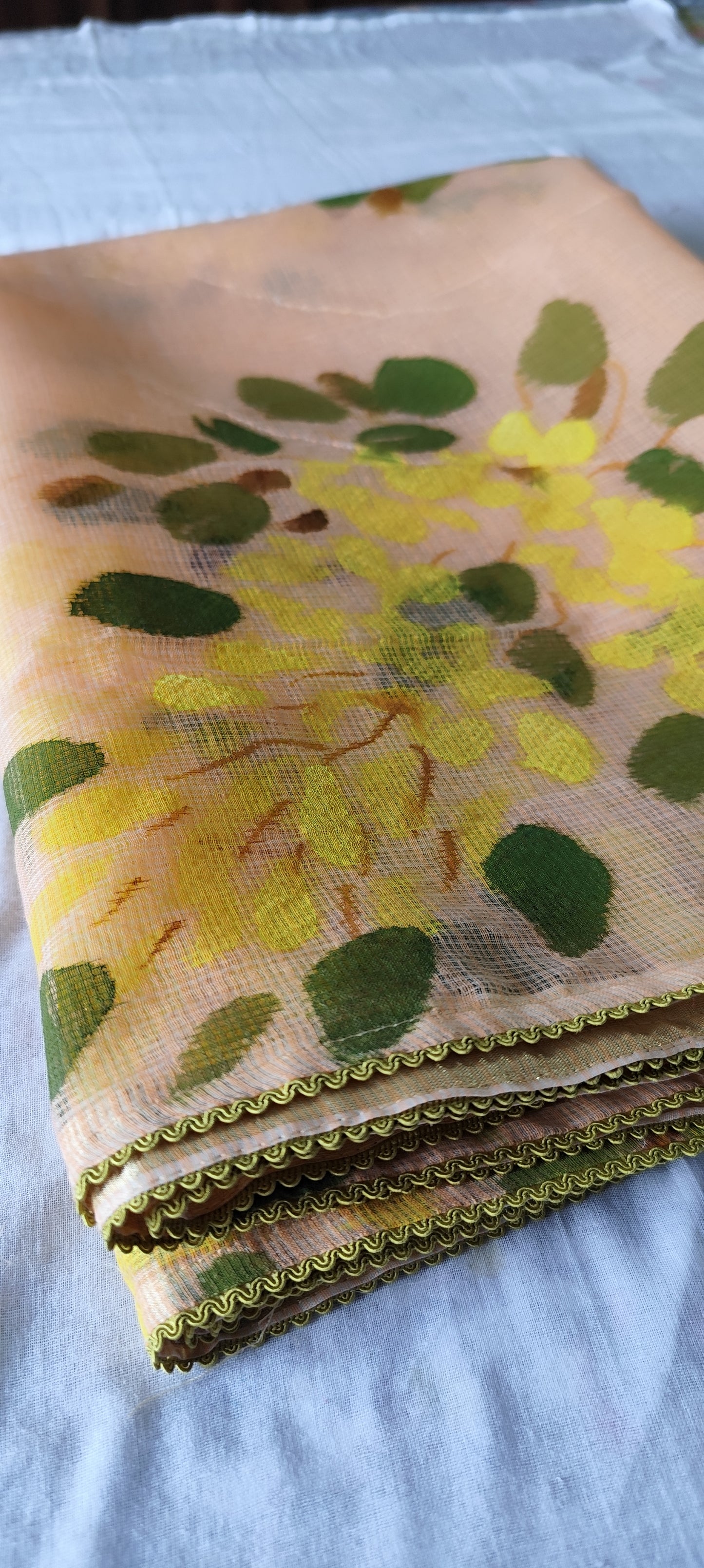 Handpainted amaltas on peach kota doria suit