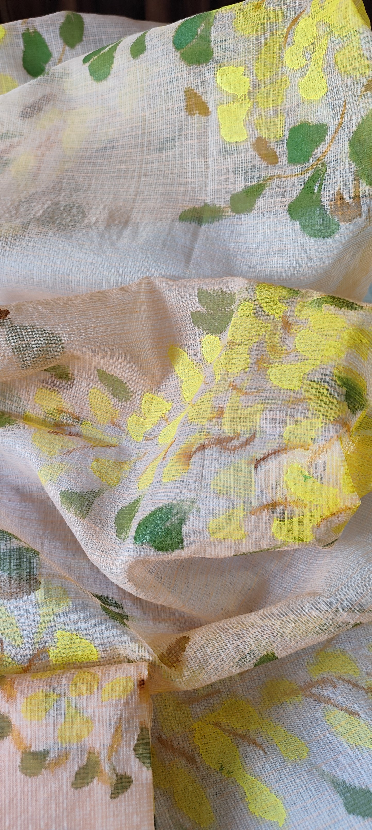 Handpainted amaltas on peach kota doria suit