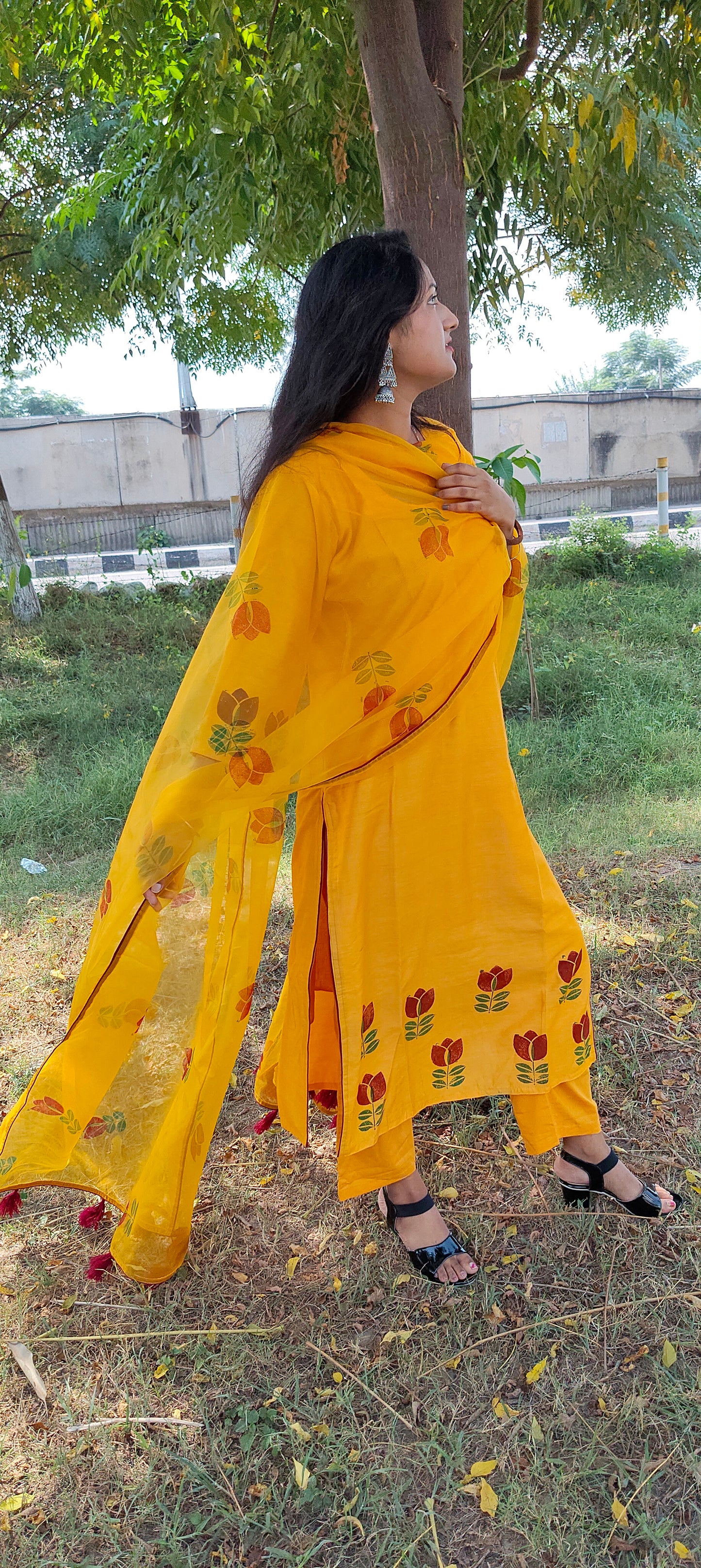 Hand block yellow chanderi suit