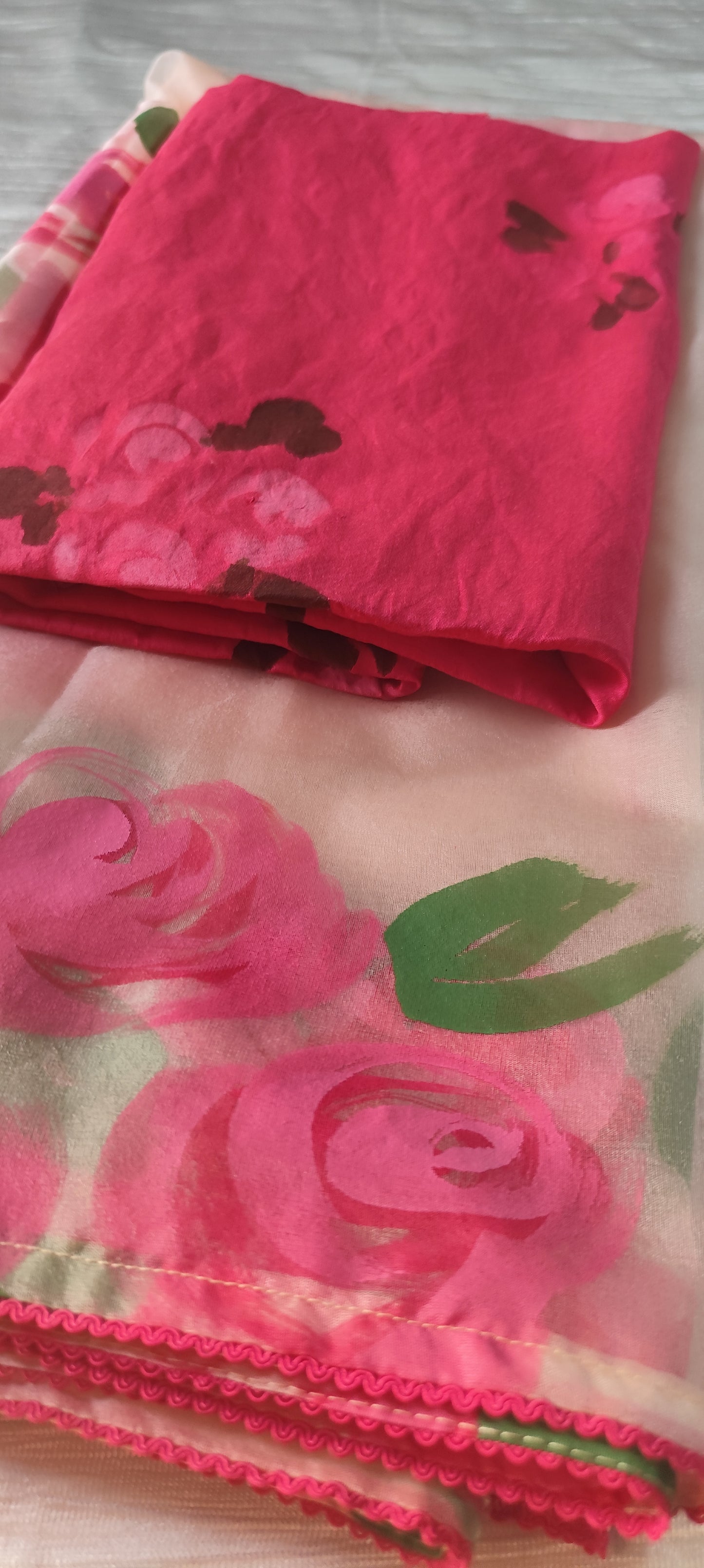 Handpainted pink roses on chanderi suit and organza dupatta