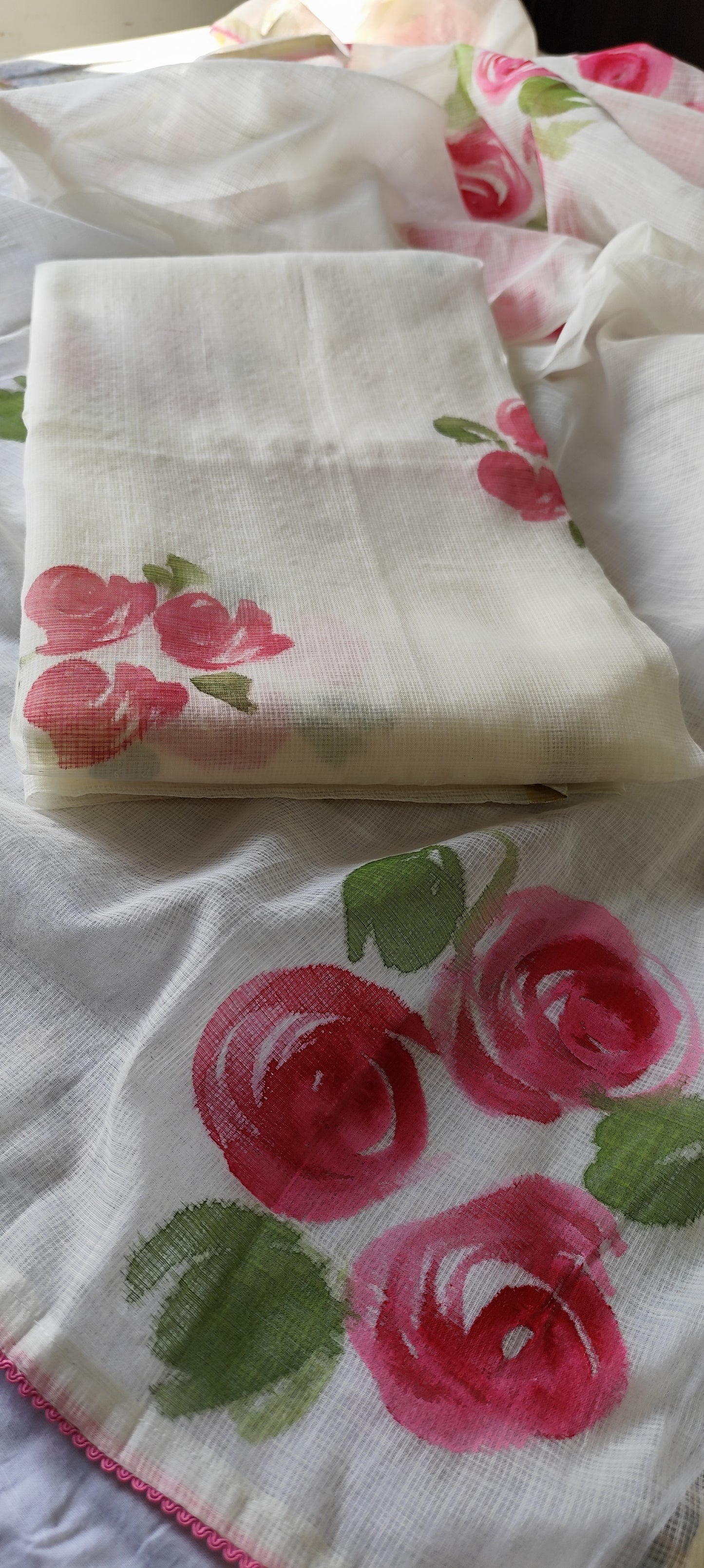 Hand painted roses on white kota doria suit