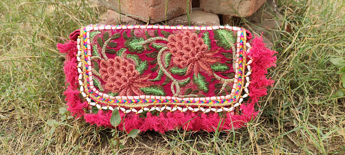 Pink boho banjara clutche bag with tassels