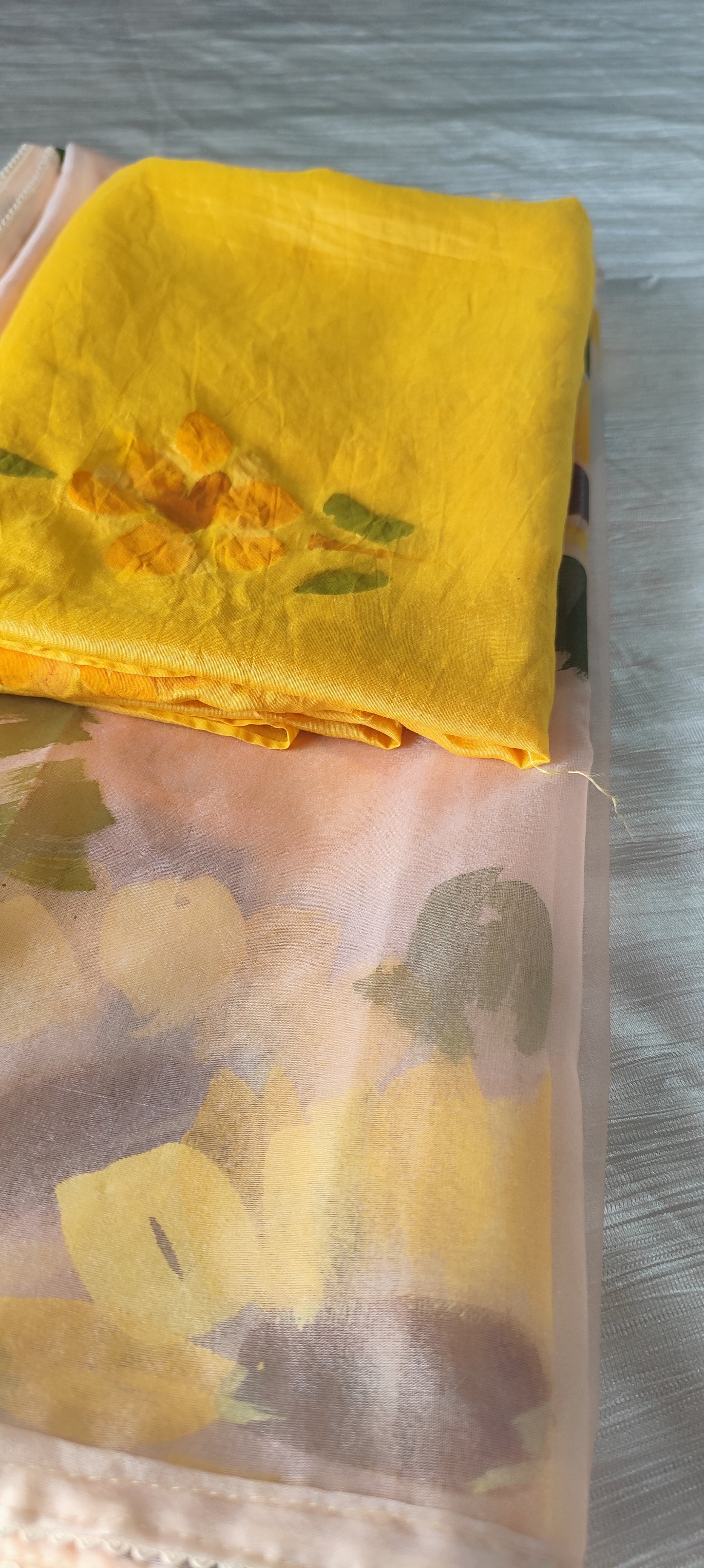 Handpainted sunflower on yellow chanderi suit and organza dupatta