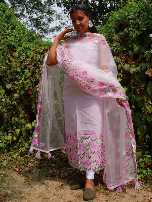Hand painted pink blossoms on chanderi suit with organza dupatta