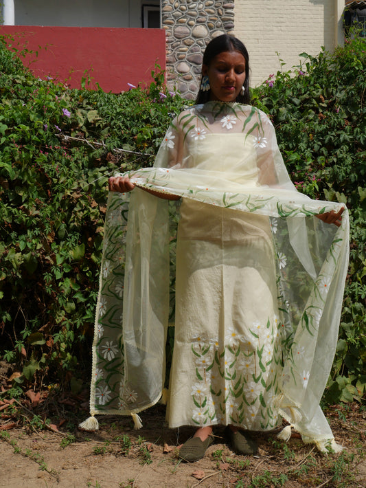 Pista green Handpainted white motifs on chanderi and organza dupatta.