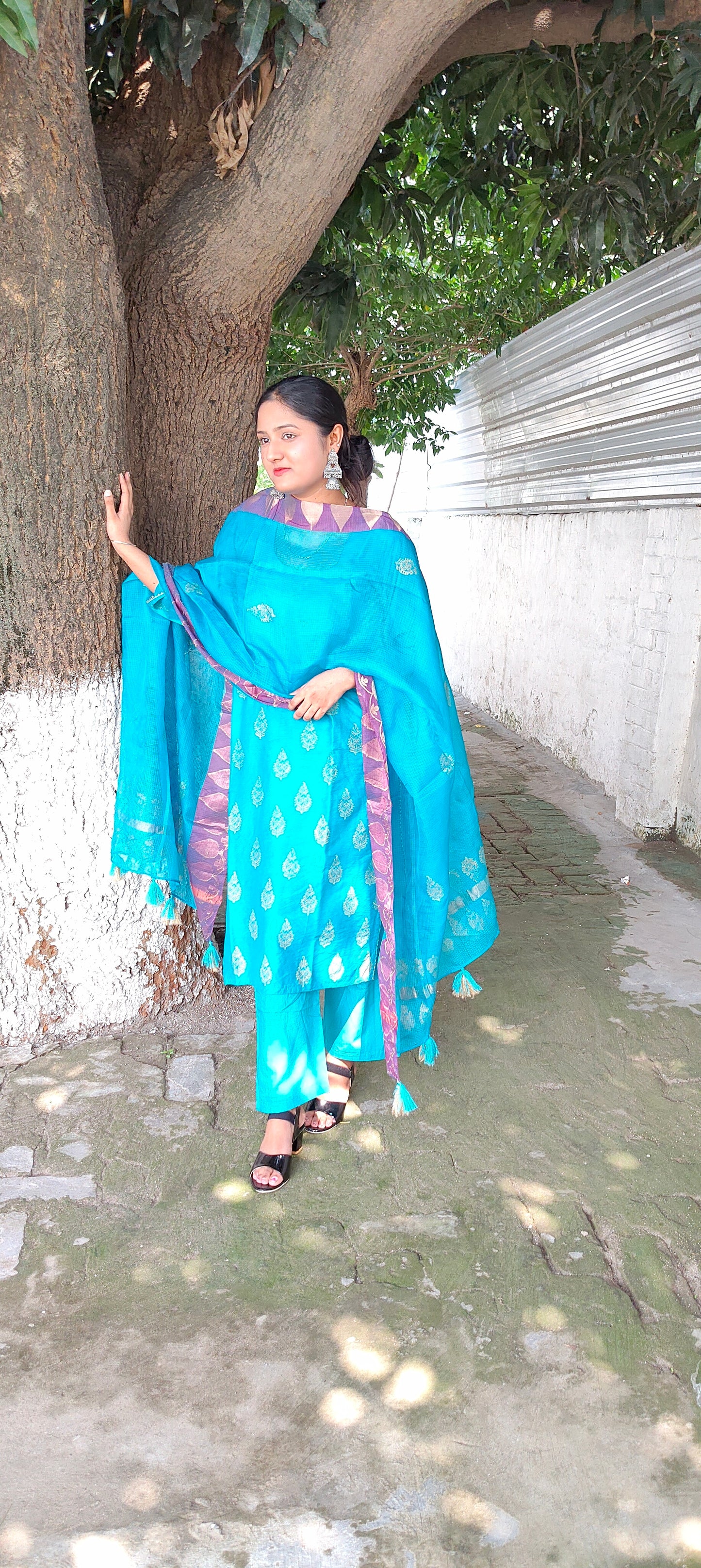 Handblock blue chanderi silk suit