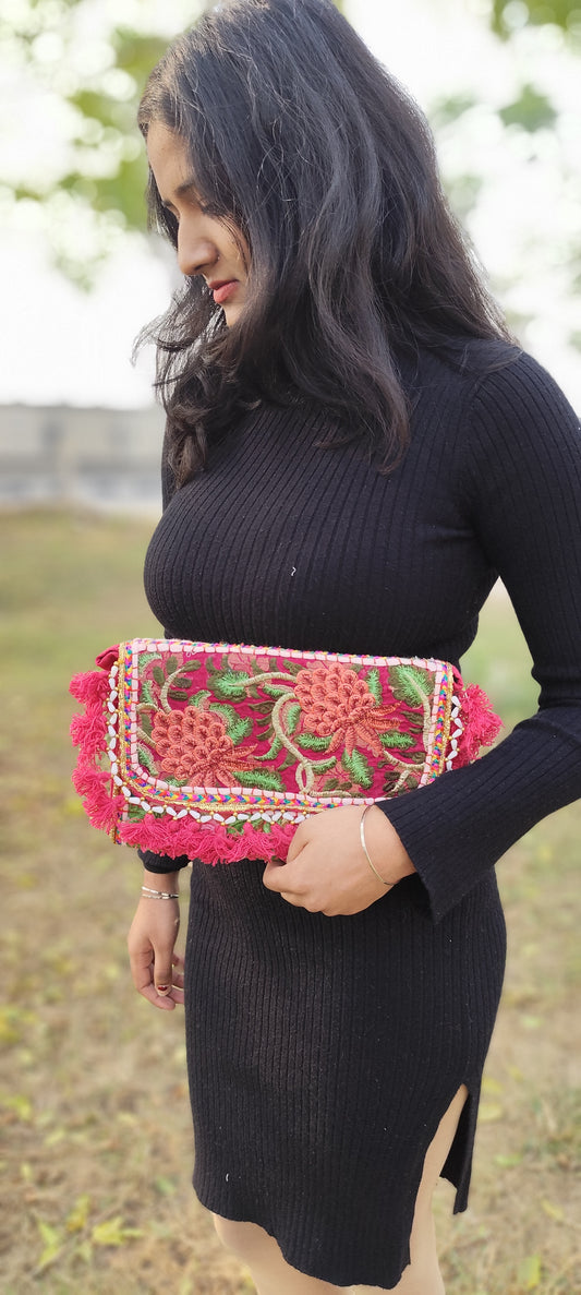 Pink boho banjara clutche bag with tassels