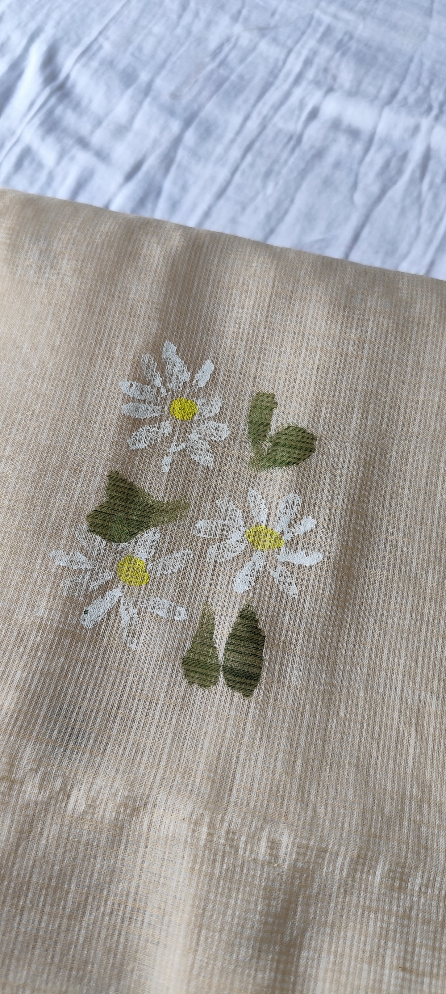 Handpainted motifs on beige kota doria suit