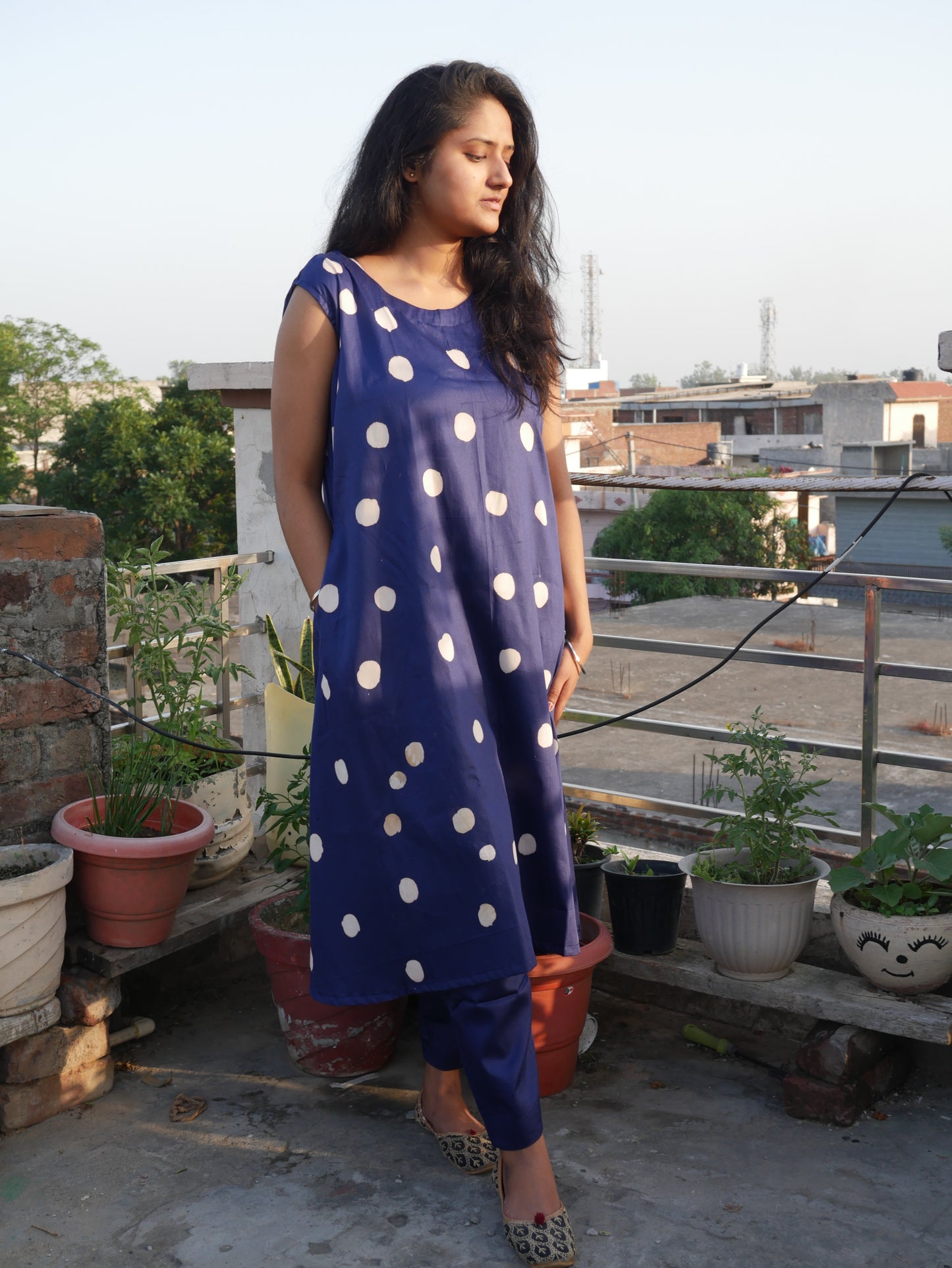 Royal Blue polka dot A line handblock cotton kurti