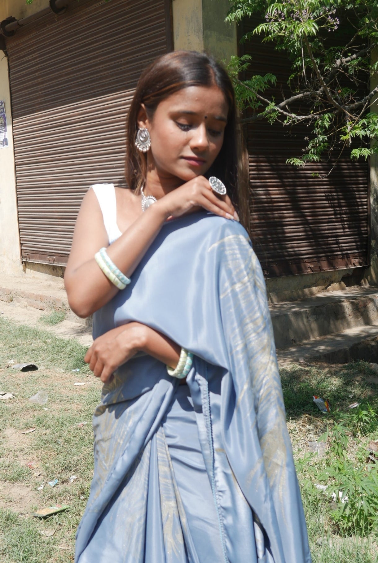 Grey crepe silk  handpainted feather saree