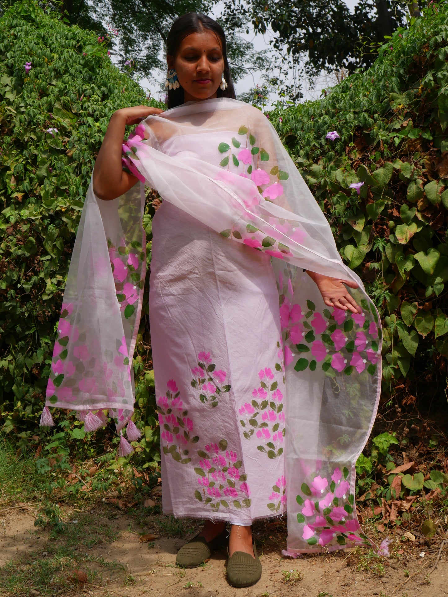 Hand painted bougainvillea on chanderi and organza dupatta